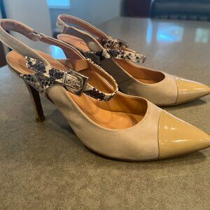 France Mode Taupe Leather Heel Slingbacks with Snakeskin detail 36.5/6